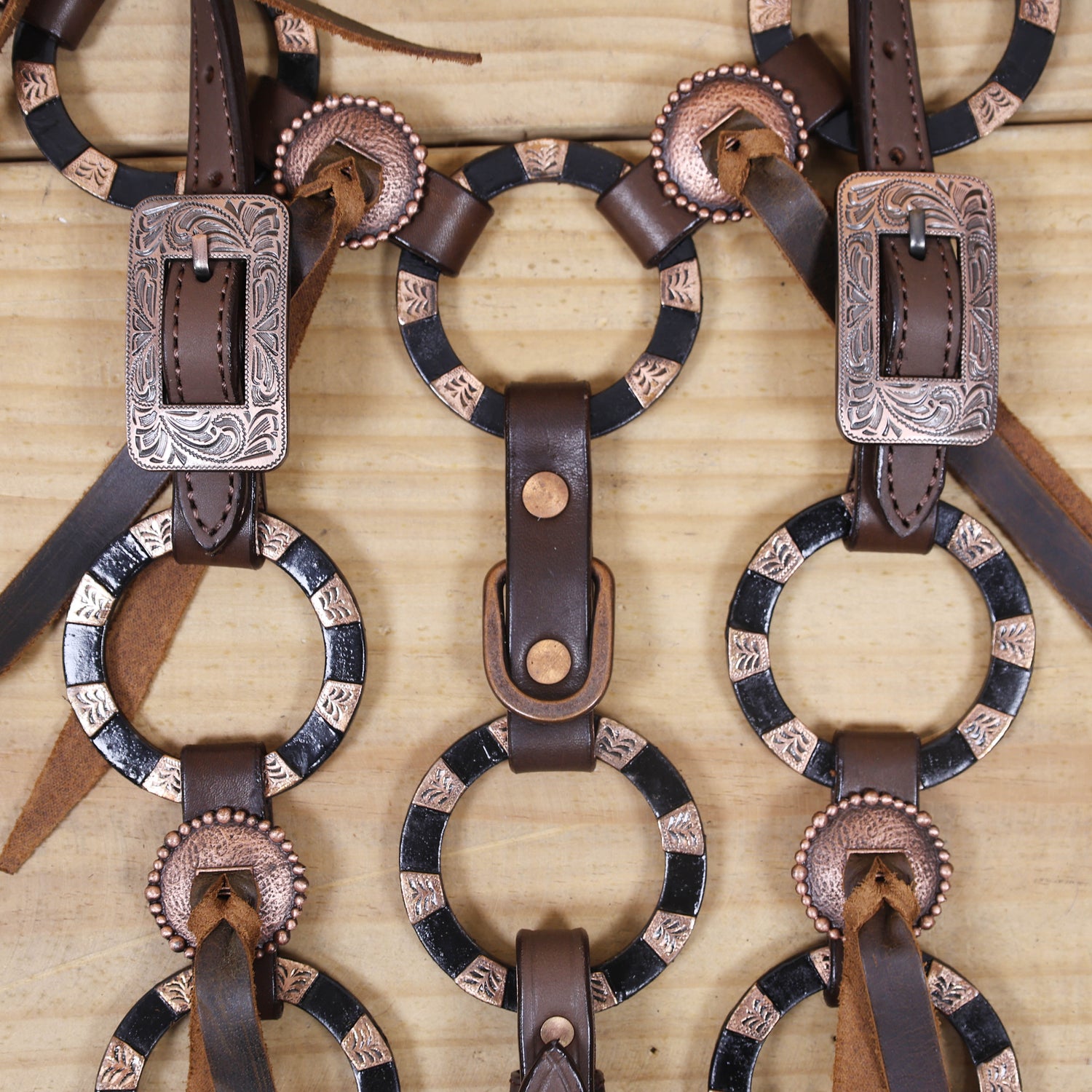 Western Leather Ring Headstall and Breast Collar Set with Two-Tone Rings and Raw Leather Fringe, Braided One Ear and Cheekpiece MOUSM