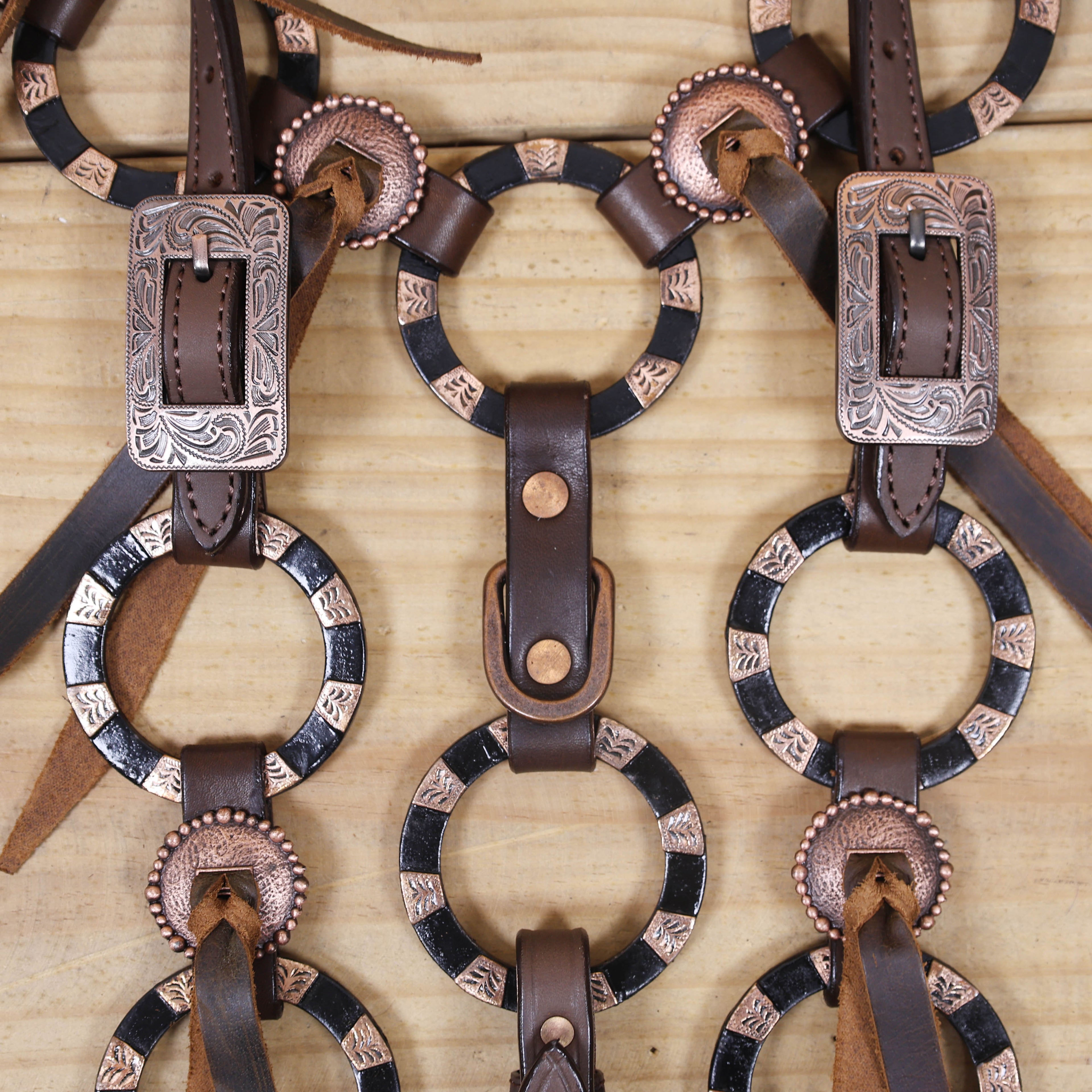 Western Leather Ring Headstall and Breast Collar Set with Two-Tone Rings and Raw Leather Fringe, Braided One Ear and Cheekpiece MOUSM