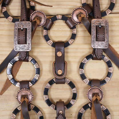 Western Leather Ring Headstall and Breast Collar Set with Two-Tone Rings and Raw Leather Fringe, Braided One Ear and Cheekpiece MOUSM