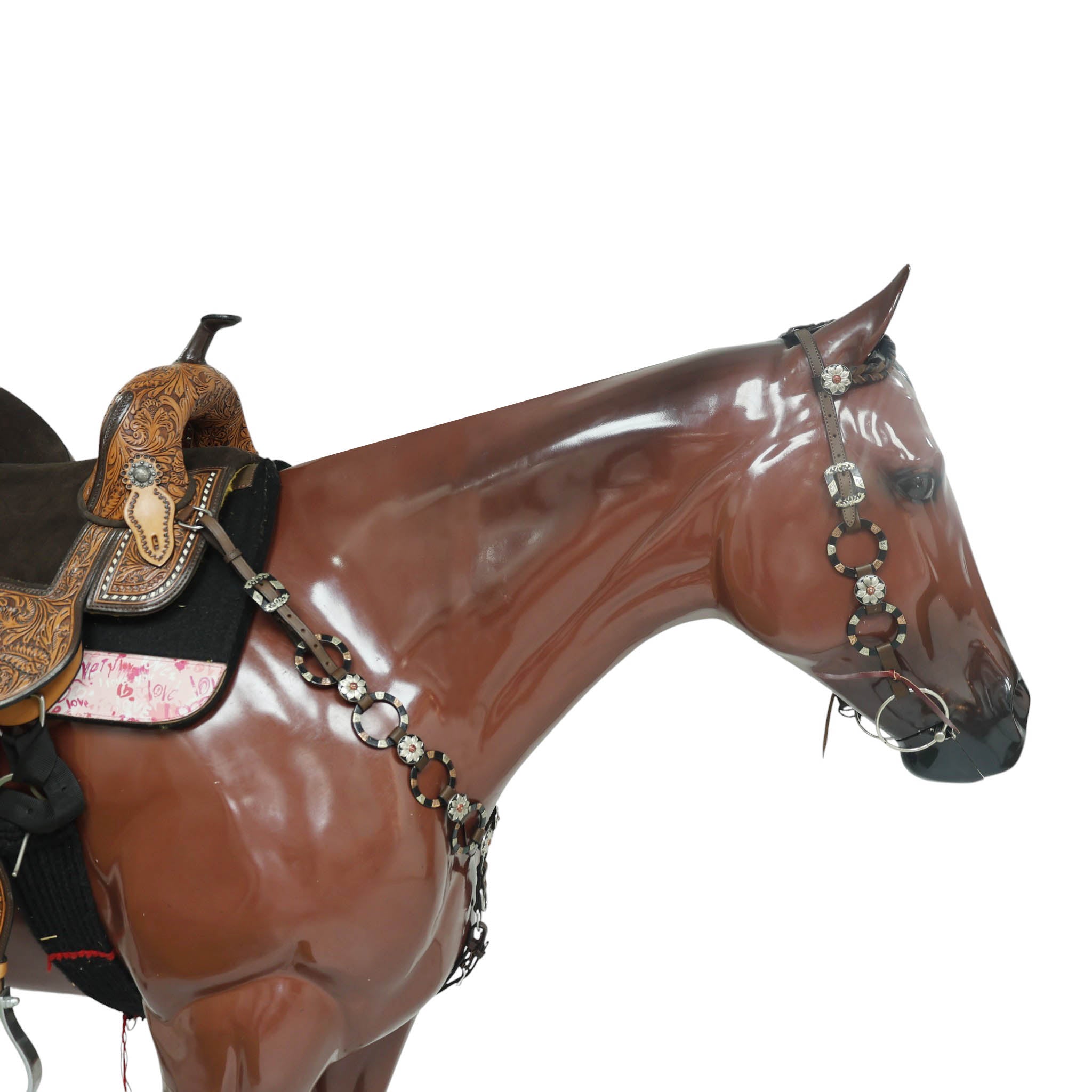 Western Ring Headstall and Breast Collar Set with Braided One Ear Design, Engraved Two Tone Antique Nickel Rings and Flower Conchos MOUSM