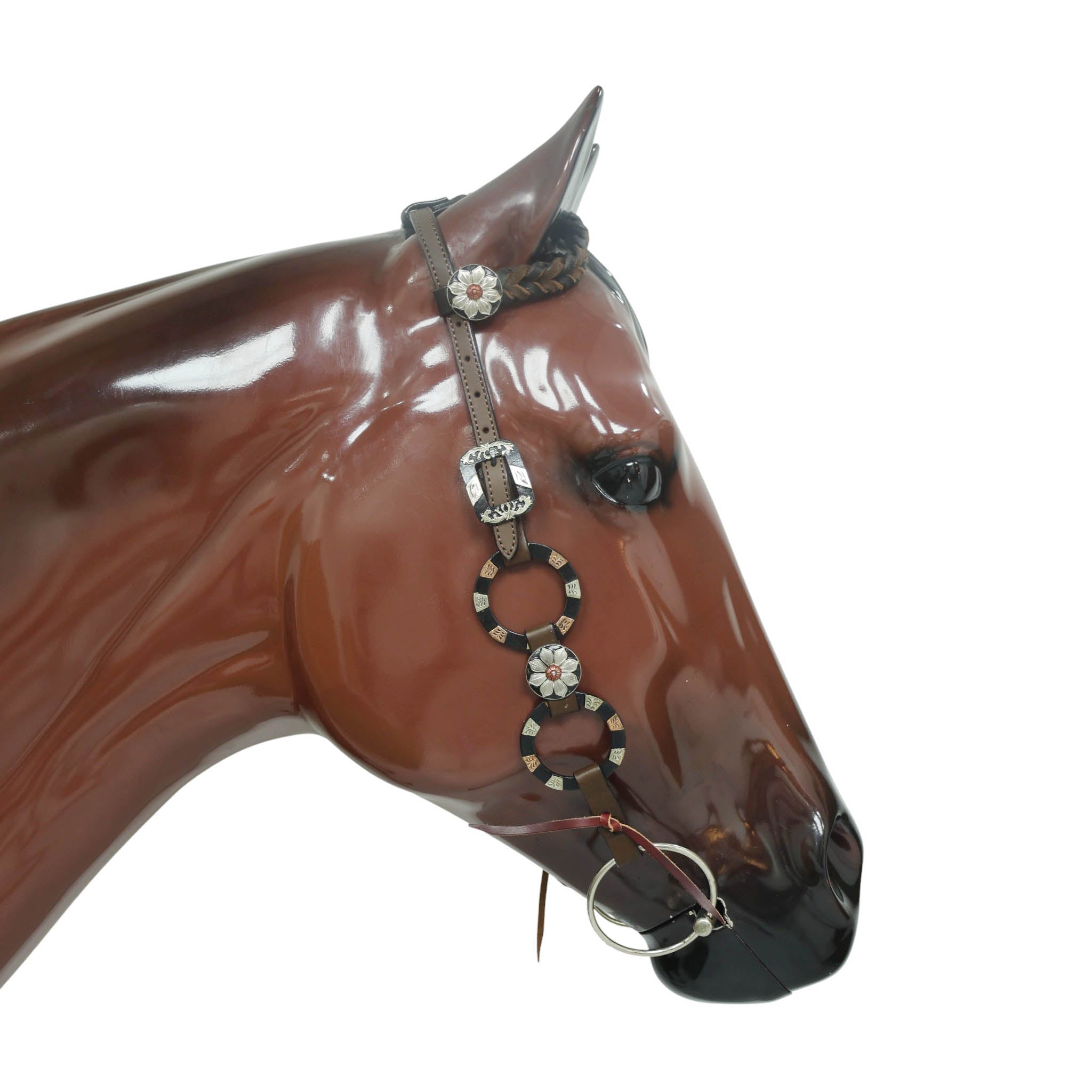 Western Ring Headstall and Breast Collar Set with Braided One Ear Design, Engraved Two Tone Antique Nickel Rings and Flower Conchos MOUSM