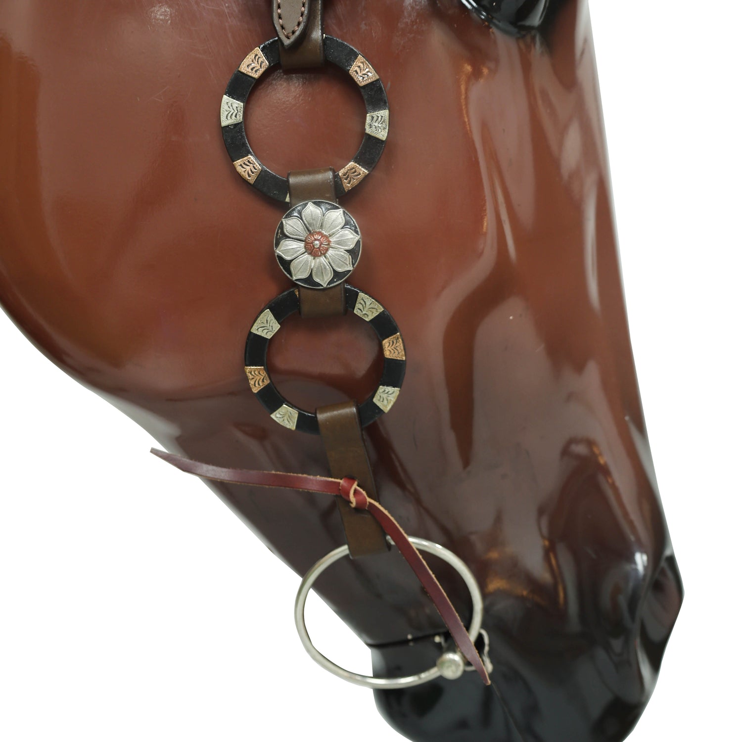 Western Ring Headstall and Breast Collar Set with Braided One Ear Design, Engraved Two Tone Antique Nickel Rings and Flower Conchos MOUSM