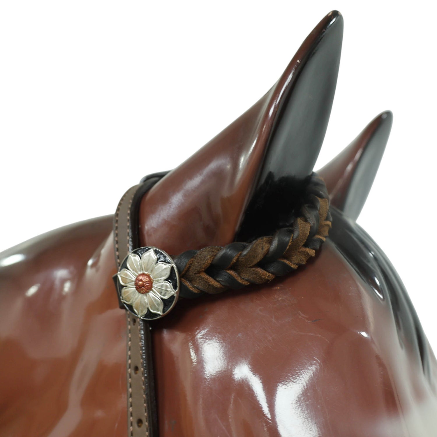 Western Ring Headstall and Breast Collar Set with Braided One Ear Design, Engraved Two Tone Antique Nickel Rings and Flower Conchos MOUSM