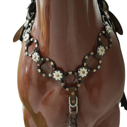 Western Ring Headstall and Breast Collar Set with Braided One Ear Design, Engraved Two Tone Antique Nickel Rings and Flower Conchos MOUSM