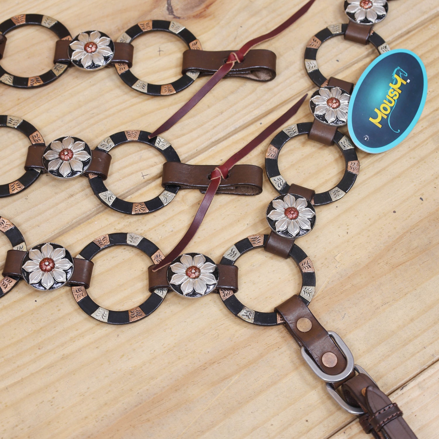 Western Ring Headstall and Breast Collar Set with Braided One Ear Design, Engraved Two Tone Antique Nickel Rings and Flower Conchos MOUSM