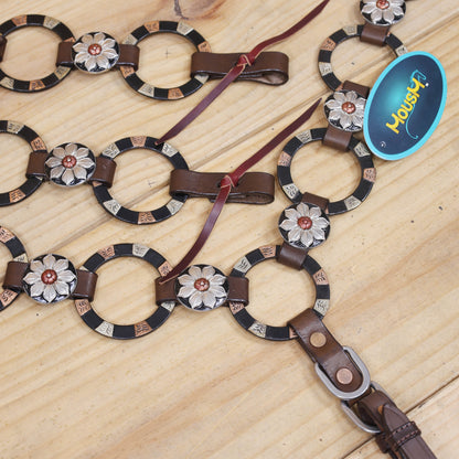 Western Ring Headstall and Breast Collar Set with Braided One Ear Design, Engraved Two Tone Antique Nickel Rings and Flower Conchos MOUSM