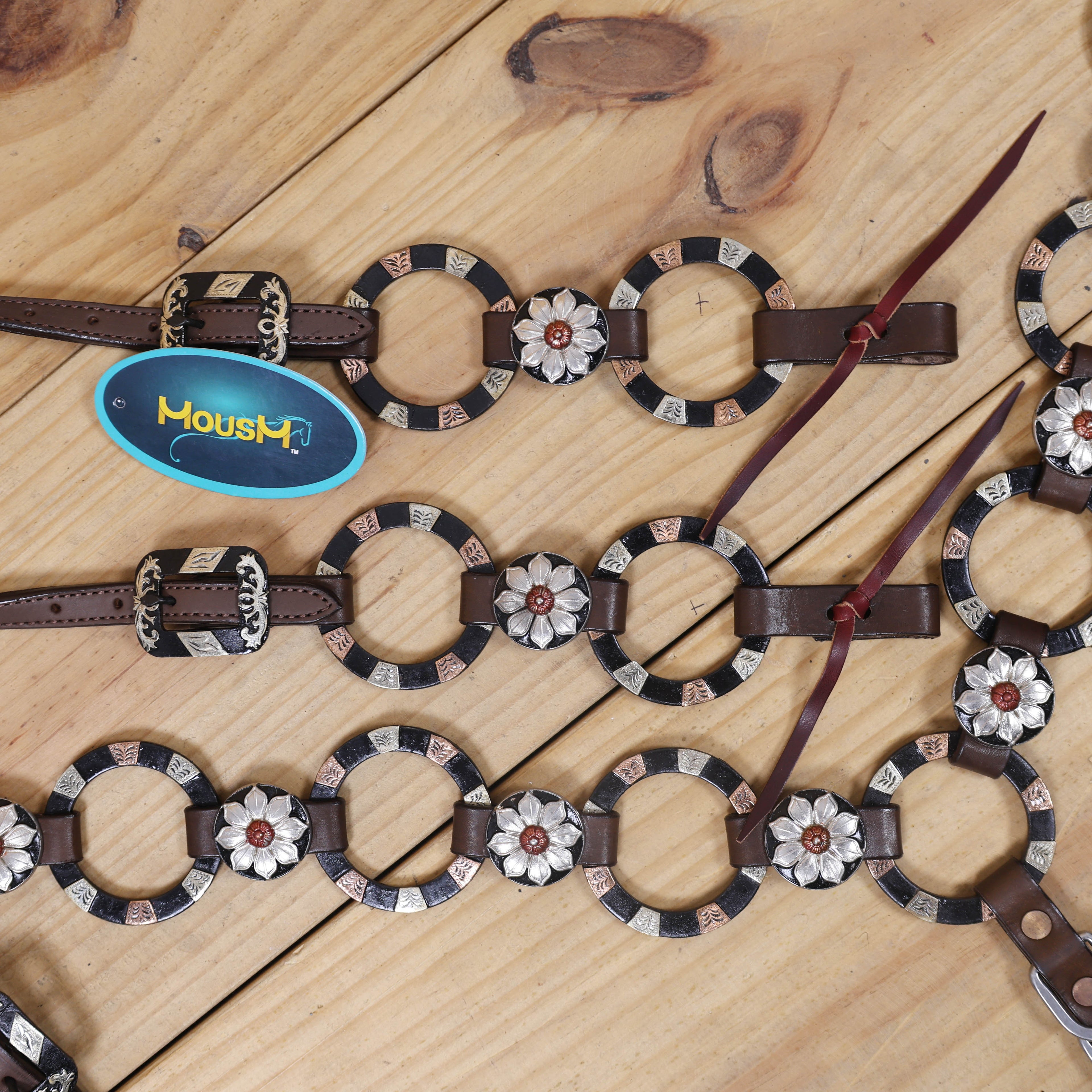 Western Ring Headstall and Breast Collar Set with Braided One Ear Design, Engraved Two Tone Antique Nickel Rings and Flower Conchos MOUSM