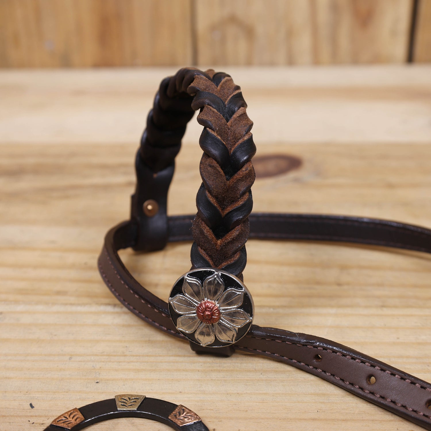 Western Ring Headstall and Breast Collar Set with Braided One Ear Design, Engraved Two Tone Antique Nickel Rings and Flower Conchos MOUSM