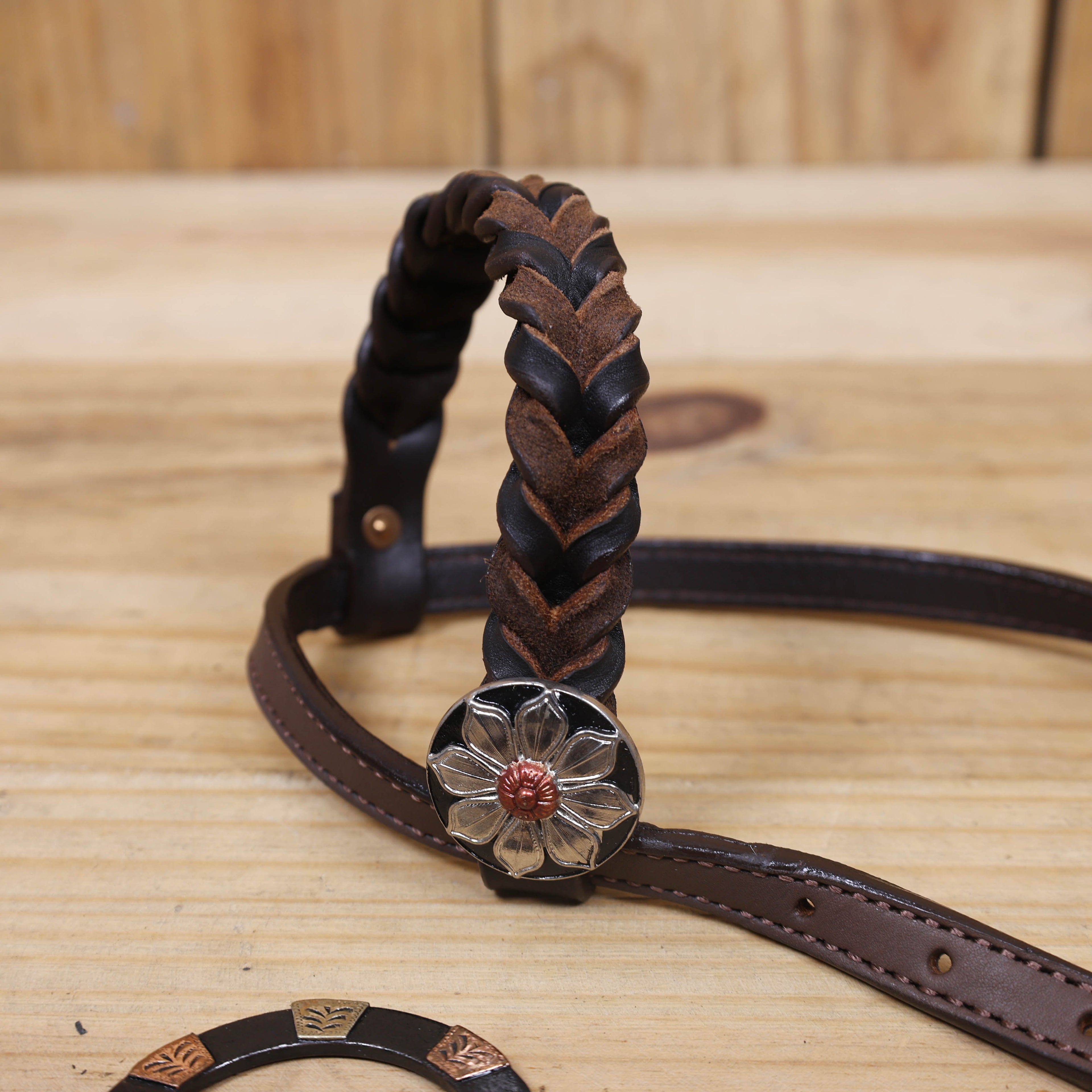 Western Ring Headstall and Breast Collar Set with Braided One Ear Design, Engraved Two Tone Antique Nickel Rings and Flower Conchos MOUSM