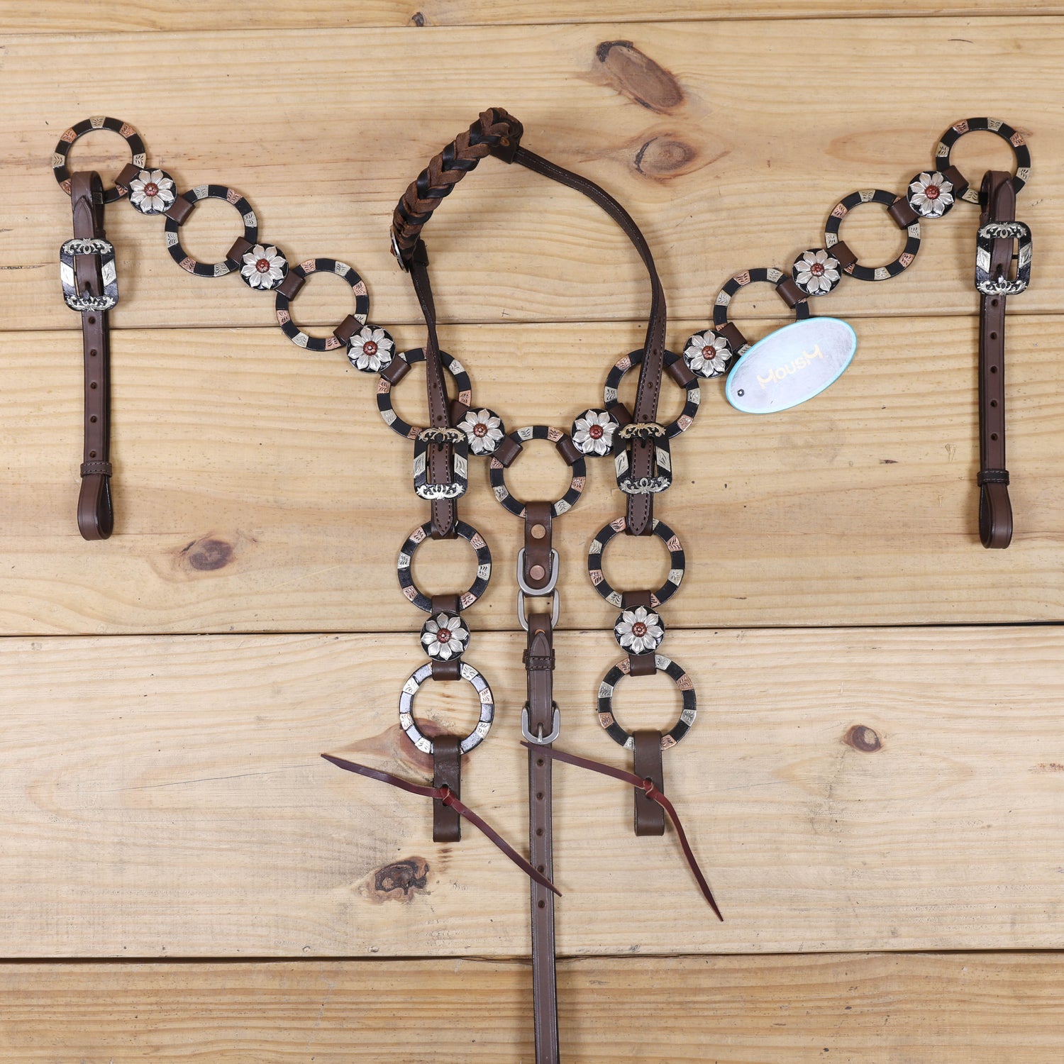 western leather tack set with braided one ear and engraved nickel rings