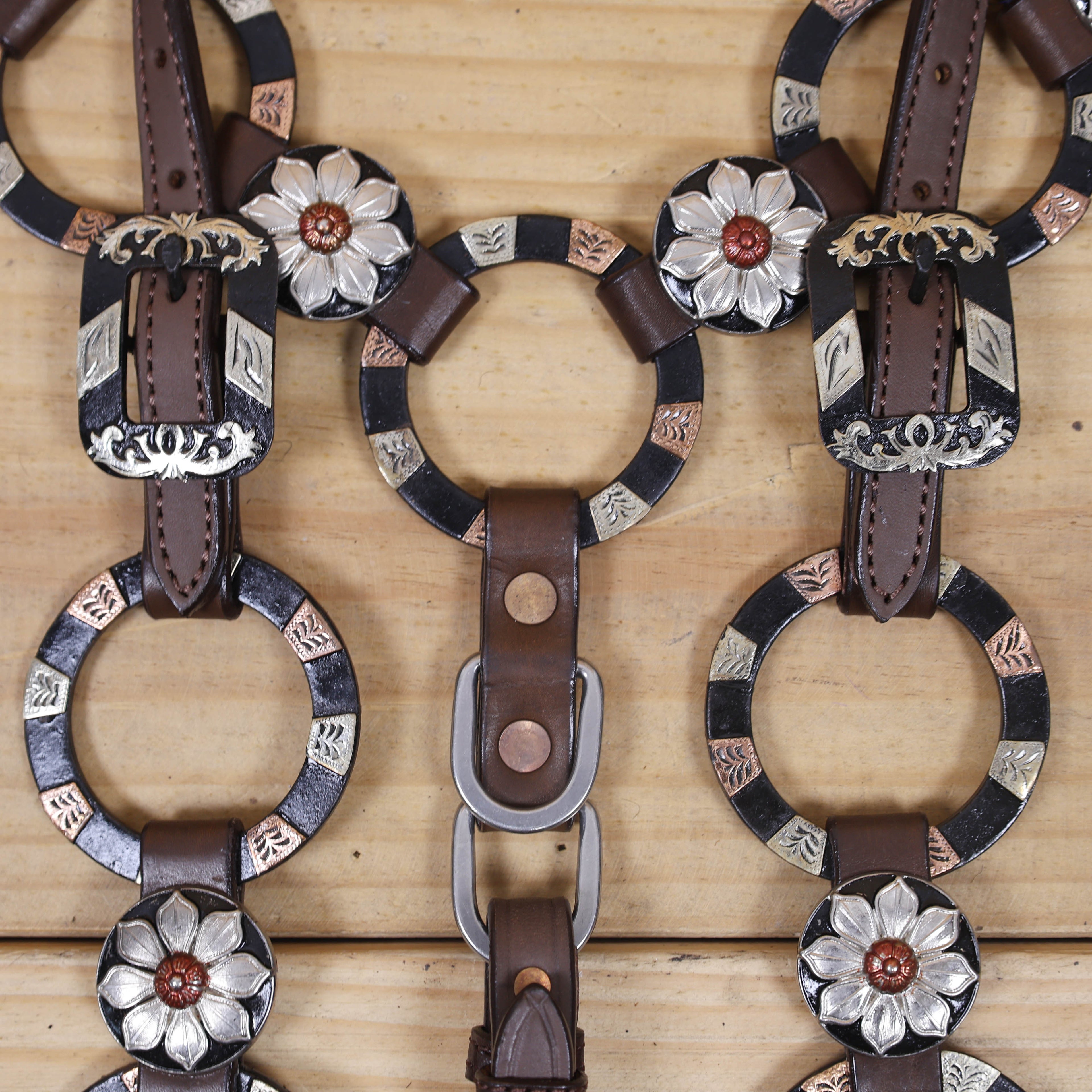Western Ring Headstall and Breast Collar Set with Braided One Ear Design, Engraved Two Tone Antique Nickel Rings and Flower Conchos MOUSM