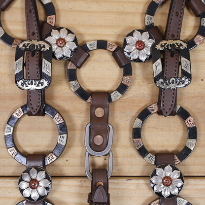 Western Ring Headstall and Breast Collar Set with Braided One Ear Design, Engraved Two Tone Antique Nickel Rings and Flower Conchos MOUSM
