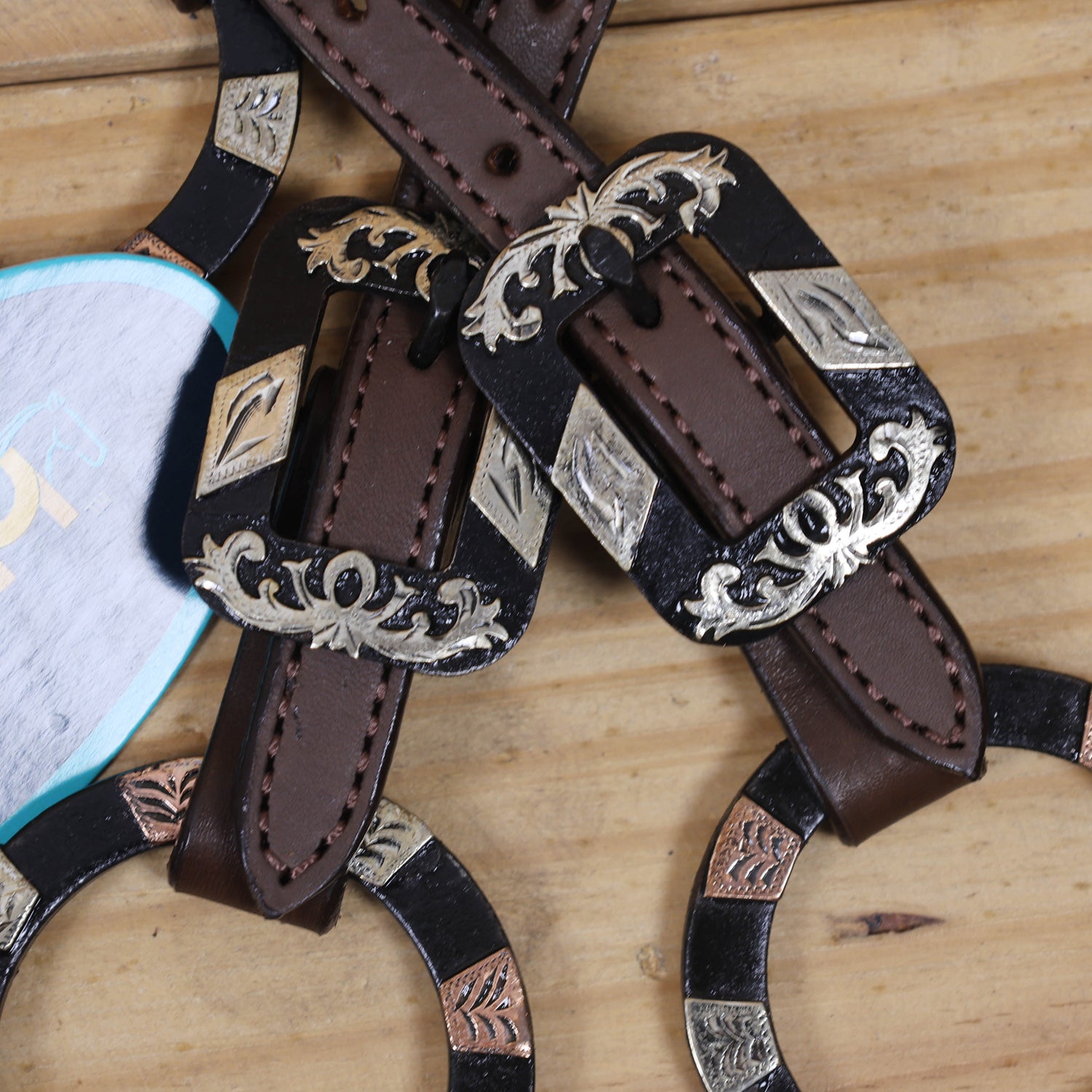 Western Ring Headstall and Breast Collar Set with Braided One Ear Design, Engraved Two Tone Antique Nickel Rings and Flower Conchos MOUSM