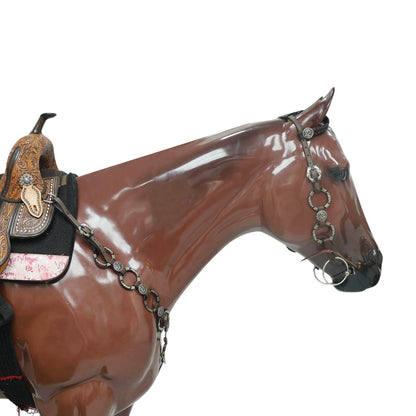 Ring Headstall and Breast Collar Set Decorated with Engraved Two-Tone Antique Nickel Rings, Braided One Ear Design and Engraved Floral Conchos MOUSM