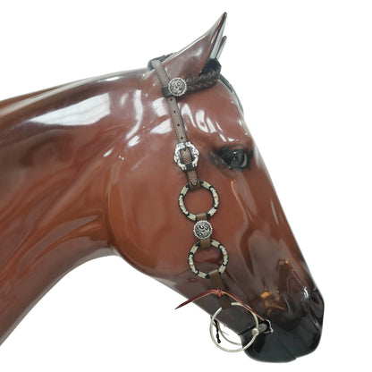 Ring Headstall and Breast Collar Set Decorated with Engraved Two-Tone Antique Nickel Rings, Braided One Ear Design and Engraved Floral Conchos MOUSM