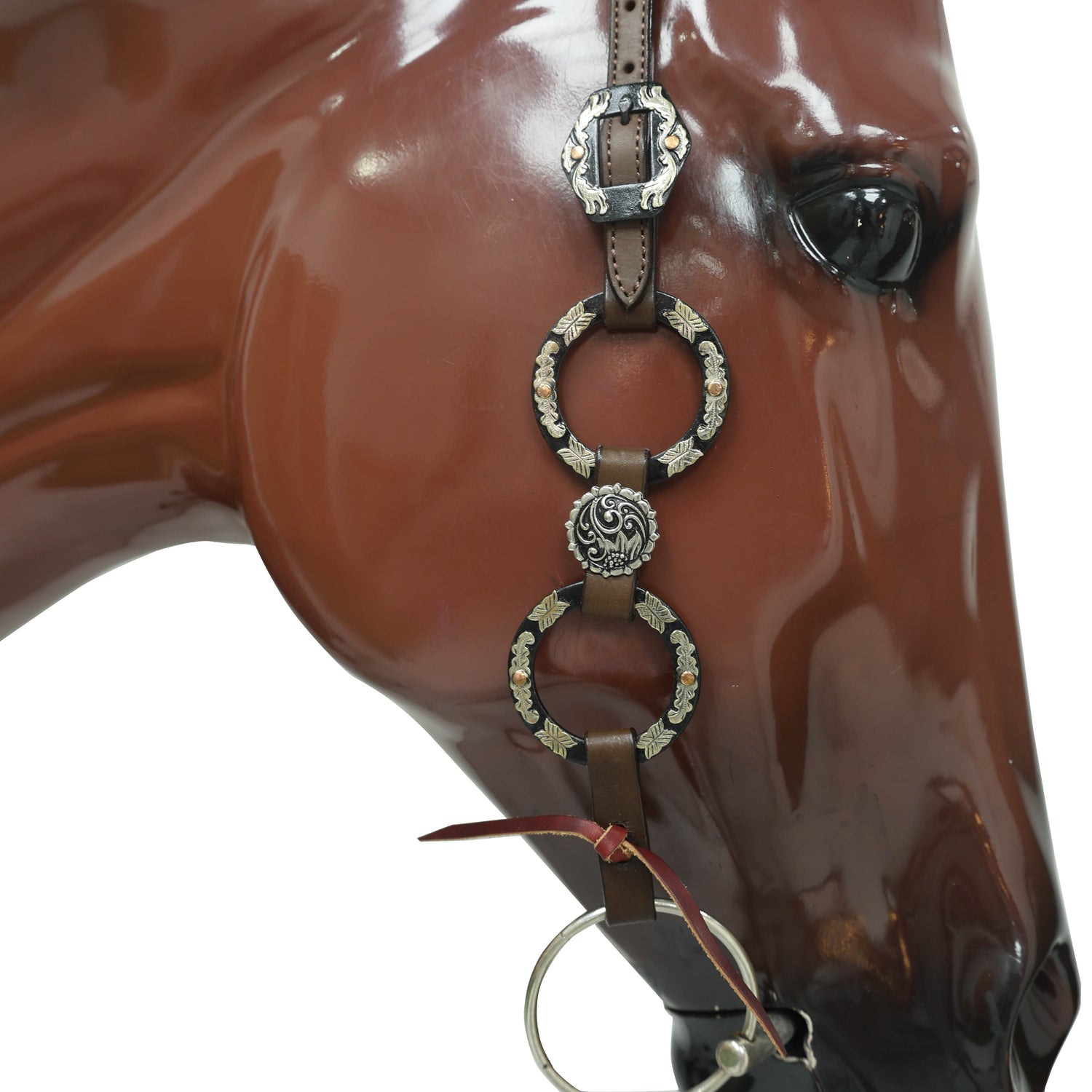 Ring Headstall and Breast Collar Set Decorated with Engraved Two-Tone Antique Nickel Rings, Braided One Ear Design and Engraved Floral Conchos MOUSM