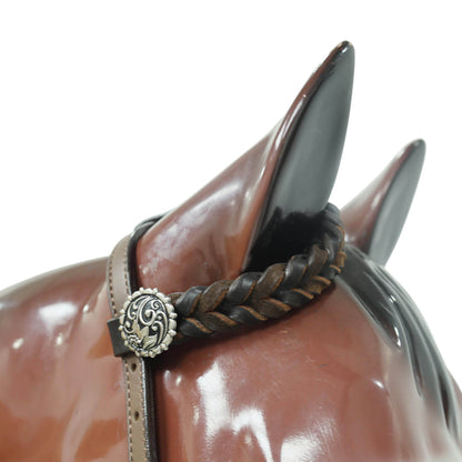 Ring Headstall and Breast Collar Set Decorated with Engraved Two-Tone Antique Nickel Rings, Braided One Ear Design and Engraved Floral Conchos MOUSM