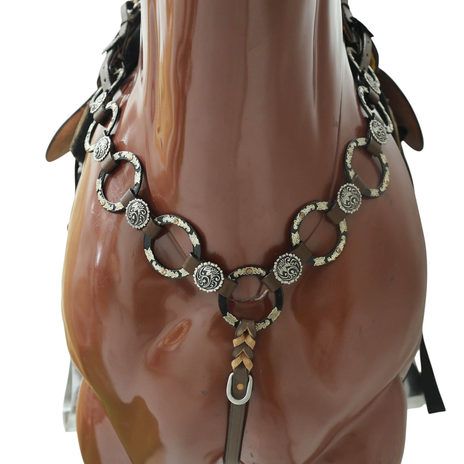 Ring Headstall and Breast Collar Set Decorated with Engraved Two-Tone Antique Nickel Rings, Braided One Ear Design and Engraved Floral Conchos MOUSM