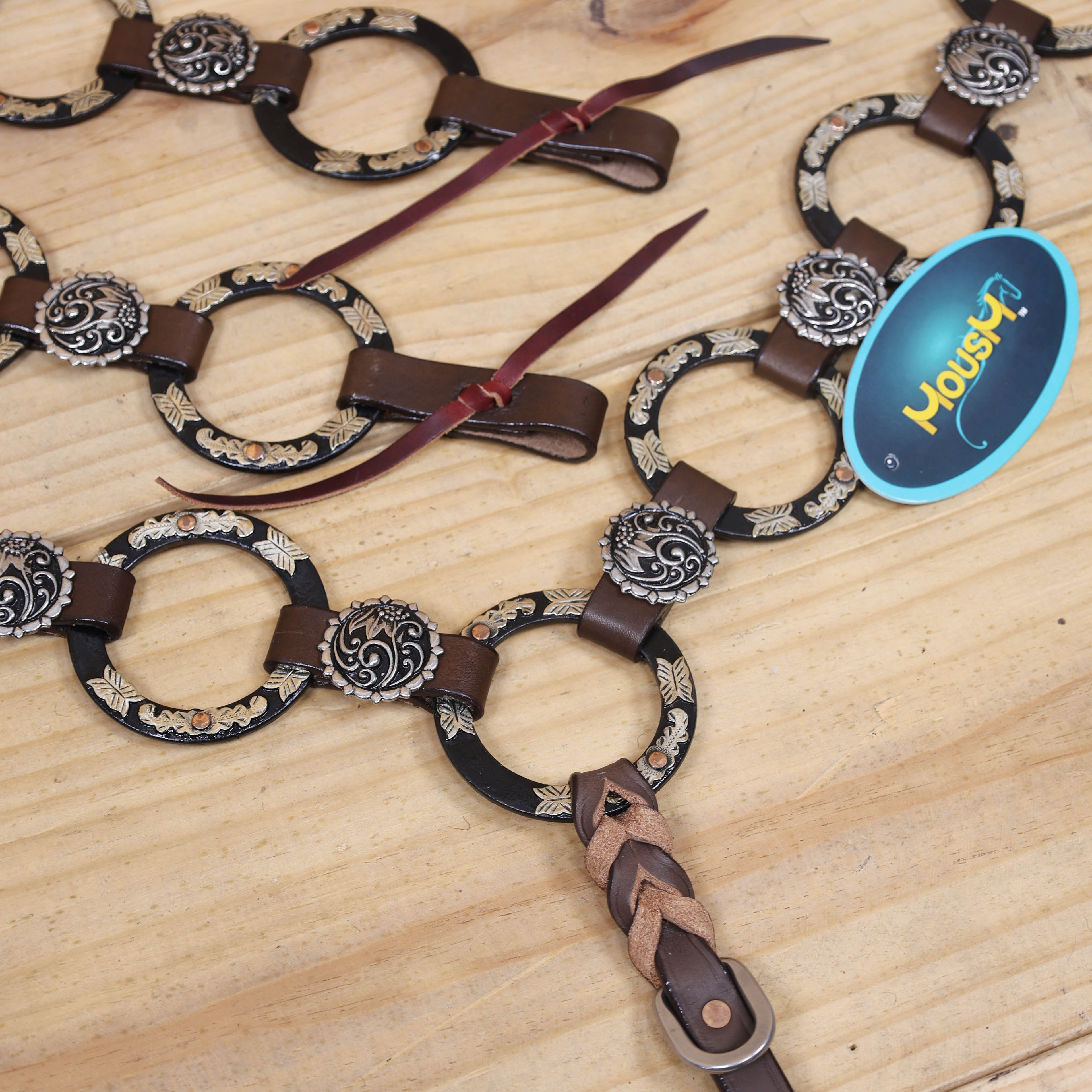 Ring Headstall and Breast Collar Set Decorated with Engraved Two-Tone Antique Nickel Rings, Braided One Ear Design and Engraved Floral Conchos MOUSM