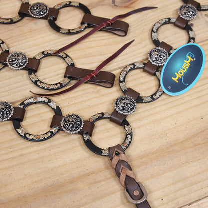 Ring Headstall and Breast Collar Set Decorated with Engraved Two-Tone Antique Nickel Rings, Braided One Ear Design and Engraved Floral Conchos MOUSM