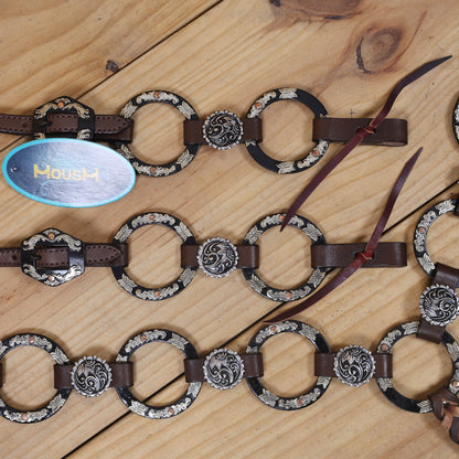 Ring Headstall and Breast Collar Set Decorated with Engraved Two-Tone Antique Nickel Rings, Braided One Ear Design and Engraved Floral Conchos MOUSM