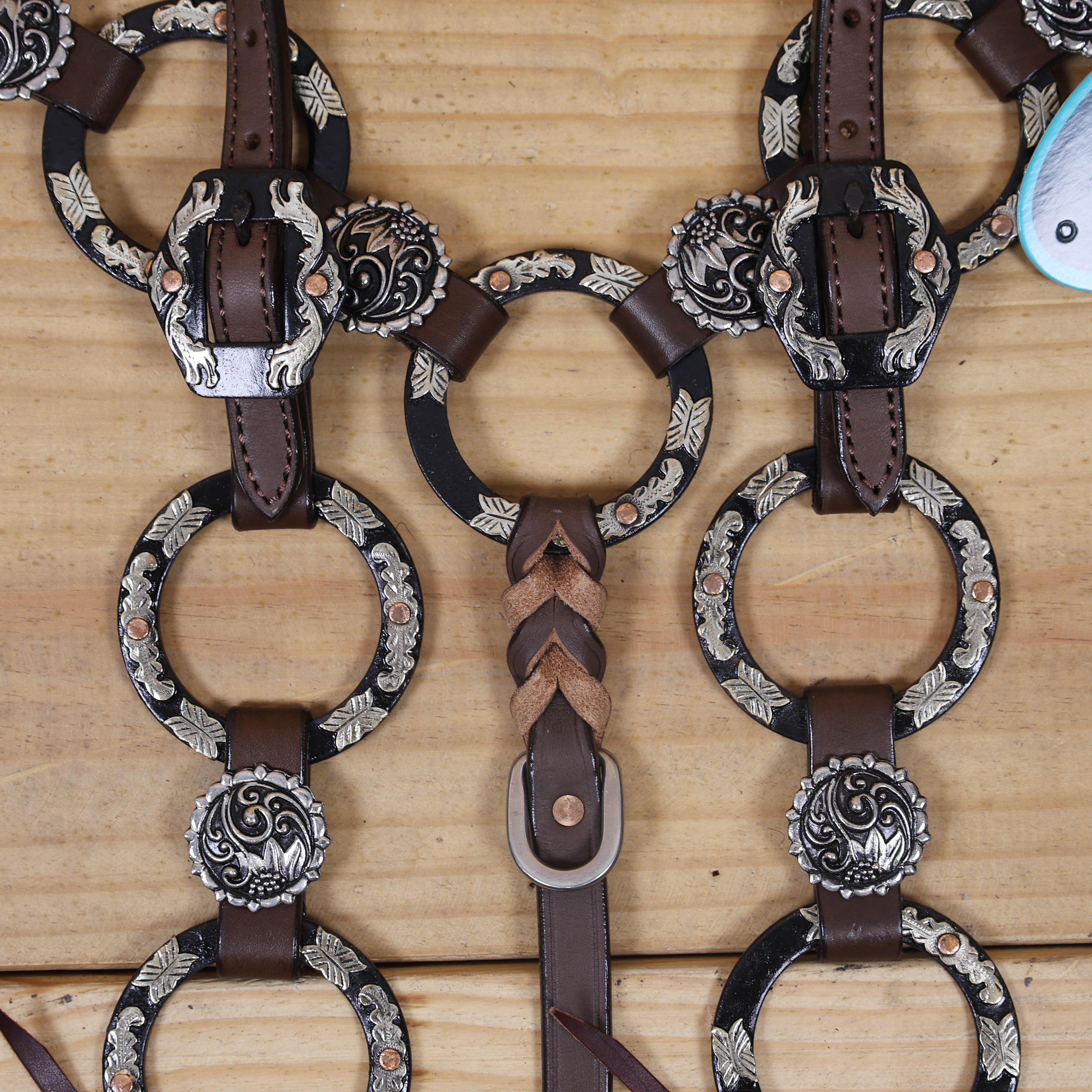 Ring Headstall and Breast Collar Set Decorated with Engraved Two-Tone Antique Nickel Rings, Braided One Ear Design and Engraved Floral Conchos MOUSM