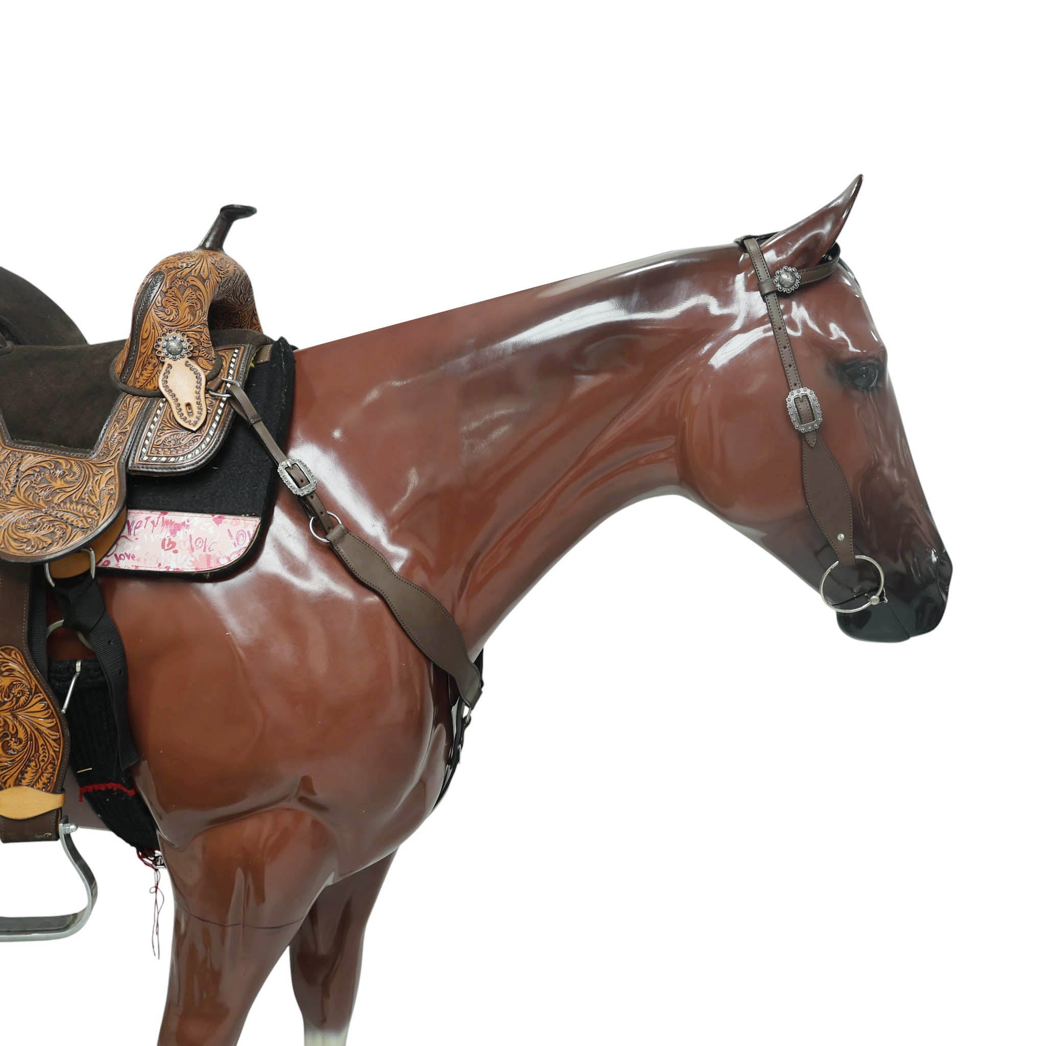 Western Horse Tack Set Handcrafted Smart Plain Brown Argentina Cow Leather, One Ear Headstall with Engraved Nickel Berry Concho MOUSM