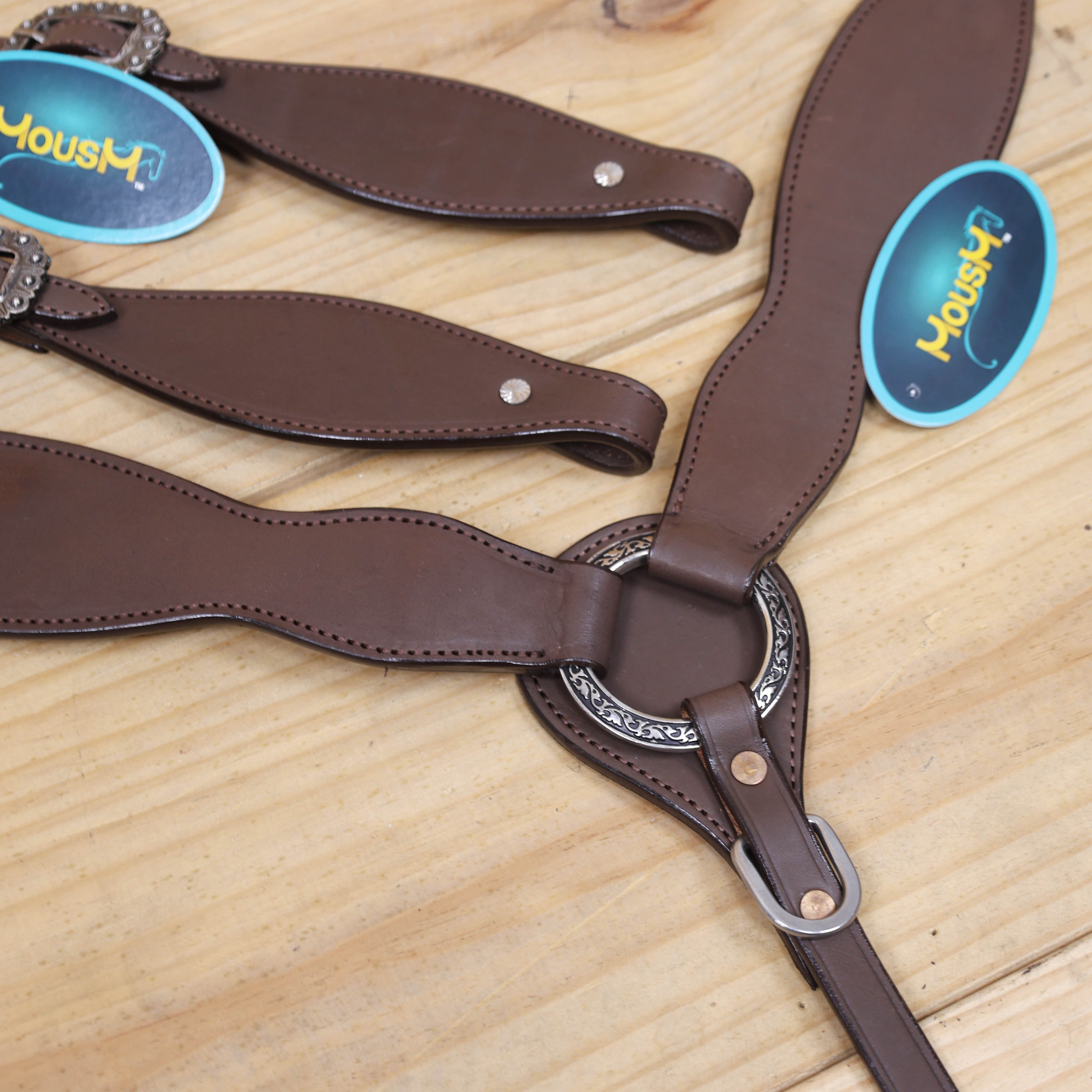 Western Horse Tack Set Handcrafted Smart Plain Brown Argentina Cow Leather, One Ear Headstall with Engraved Nickel Berry Concho MOUSM