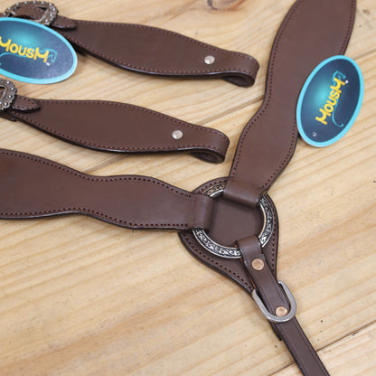 Western Horse Tack Set Handcrafted Smart Plain Brown Argentina Cow Leather, One Ear Headstall with Engraved Nickel Berry Concho MOUSM