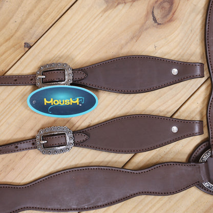 Western Horse Tack Set Handcrafted Smart Plain Brown Argentina Cow Leather, One Ear Headstall with Engraved Nickel Berry Concho MOUSM