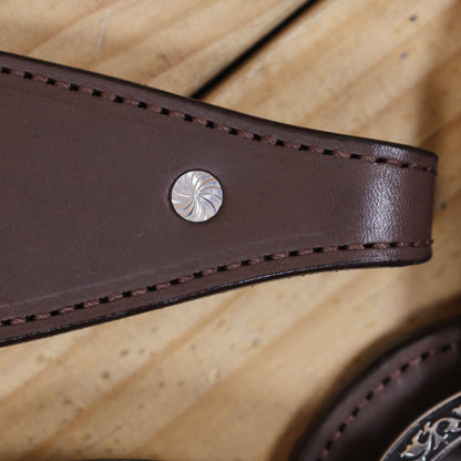 Western Horse Tack Set Handcrafted Smart Plain Brown Argentina Cow Leather, One Ear Headstall with Engraved Nickel Berry Concho MOUSM
