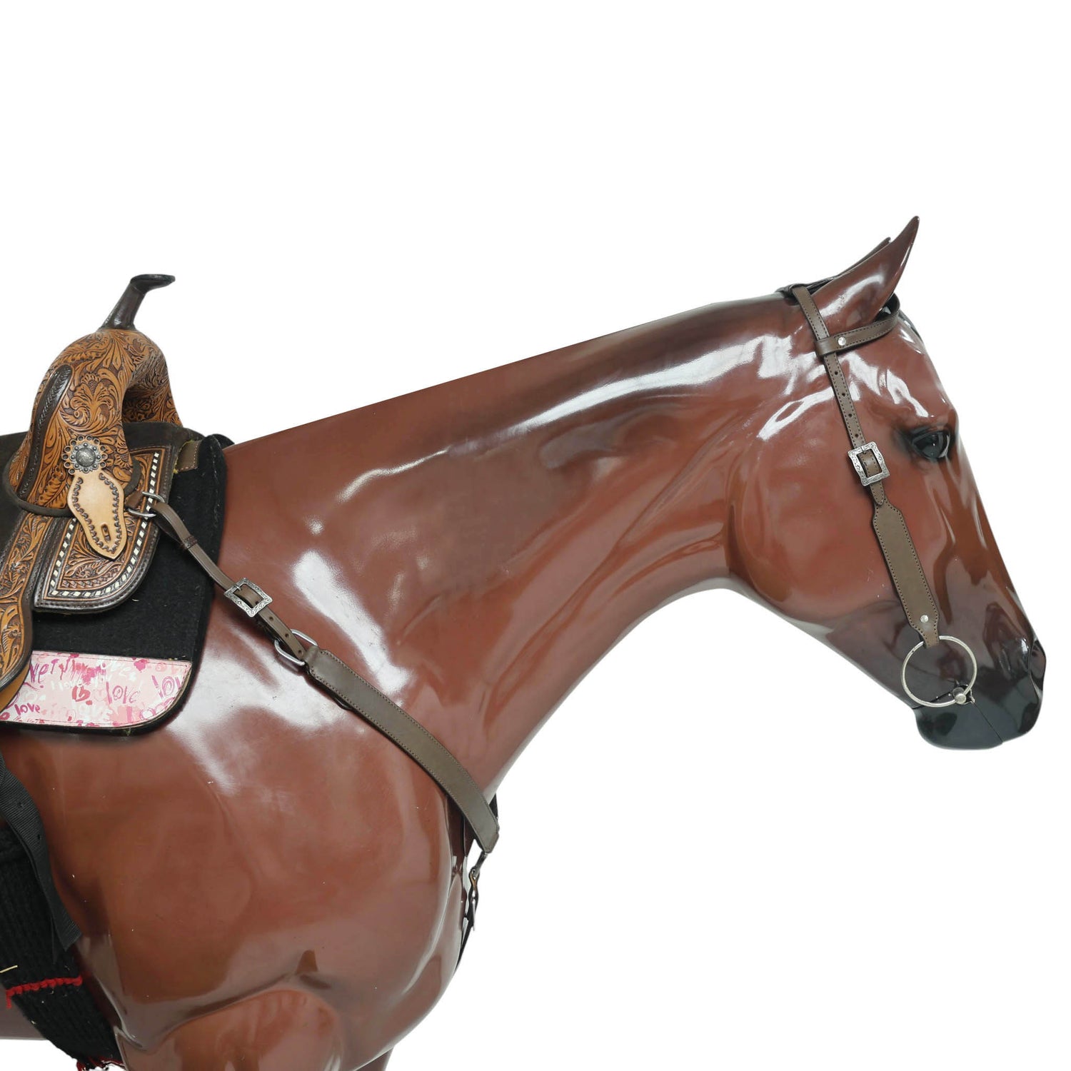 Western Leather Headstall and Breast Collar with Smart Plain Brown Argentina Cowhide, One Ear Design MOUSM
