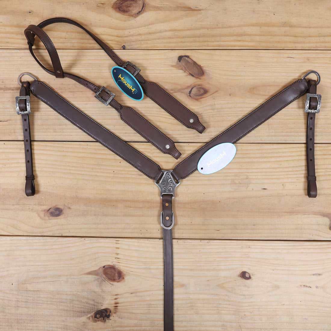 Western Leather Headstall and Breast Collar with Smart Plain Brown Argentina Cowhide, One Ear Design MOUSM
