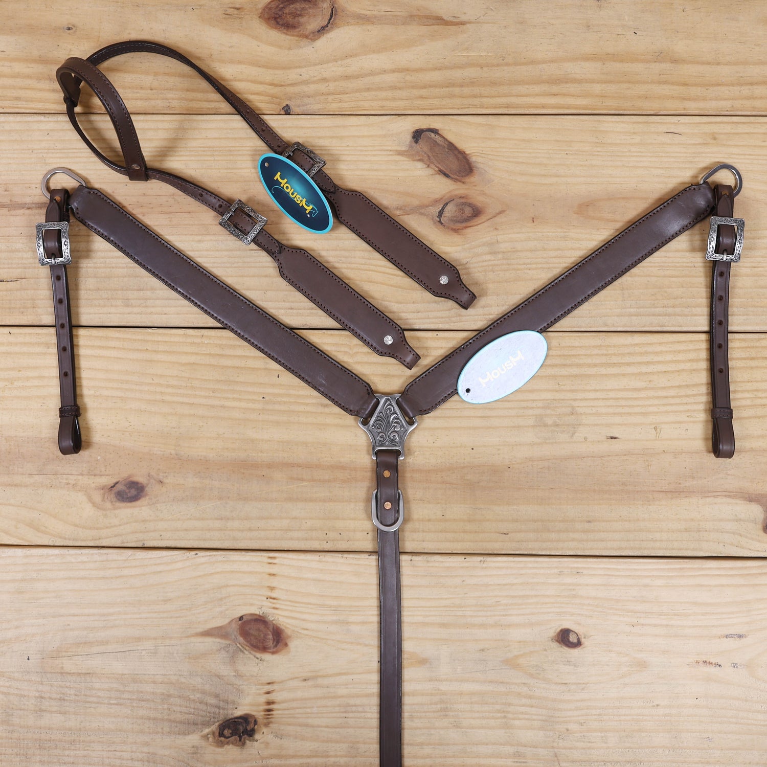 Western Leather Headstall and Breast Collar with Smart Plain Brown Argentina Cowhide, One Ear Design MOUSM