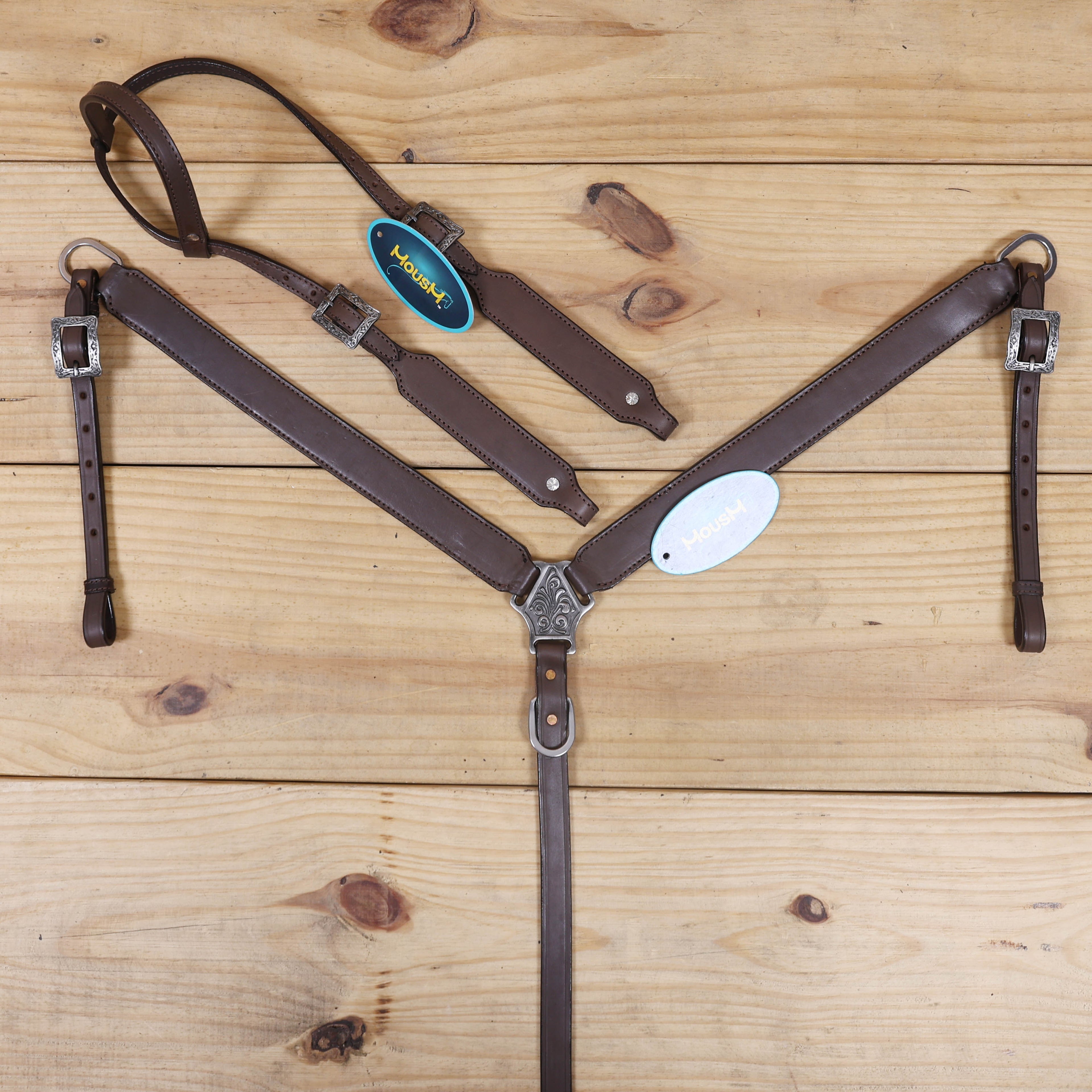 Western Leather Headstall and Breast Collar with Smart Plain Brown Argentina Cowhide, One Ear Design MOUSM