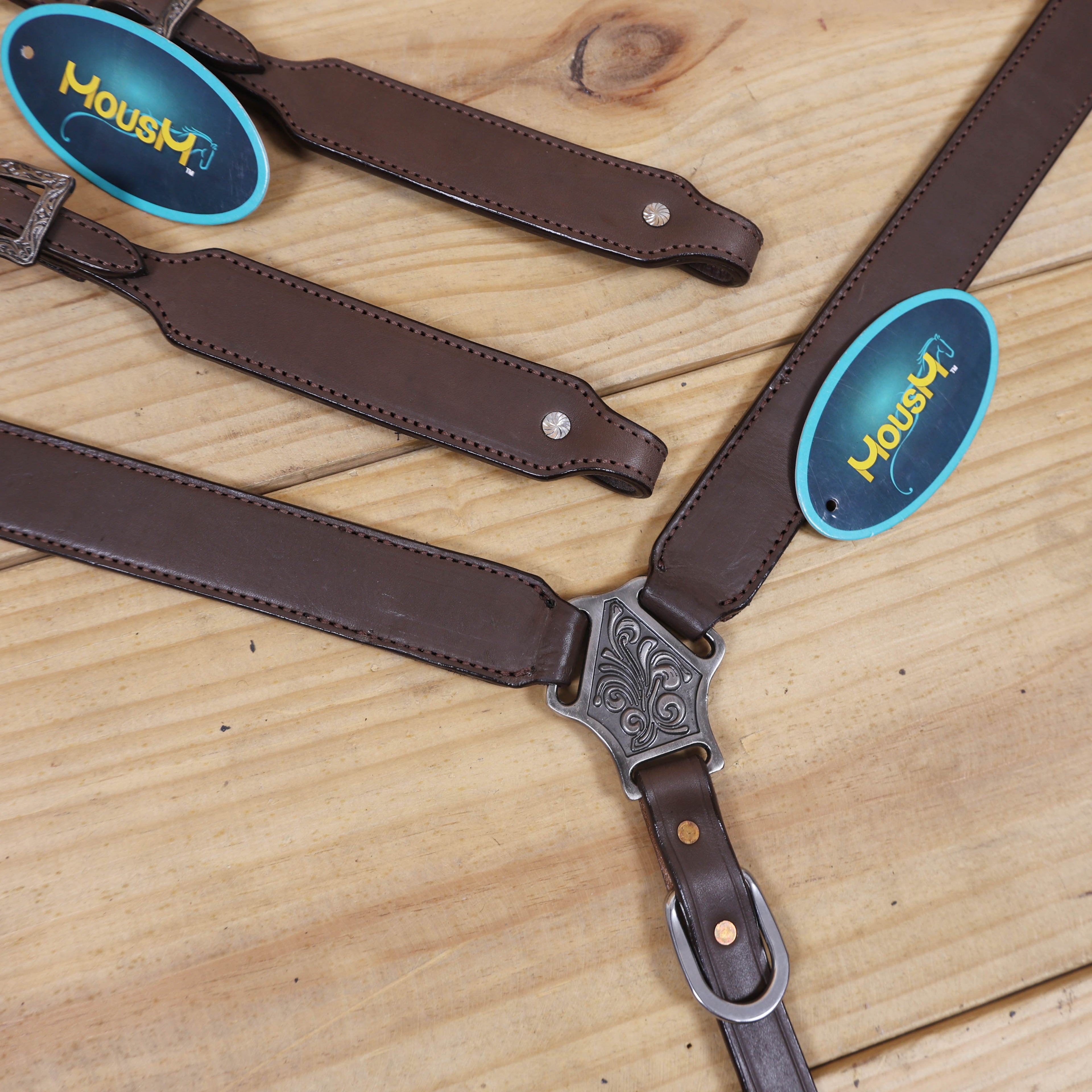 Western Leather Headstall and Breast Collar with Smart Plain Brown Argentina Cowhide, One Ear Design MOUSM
