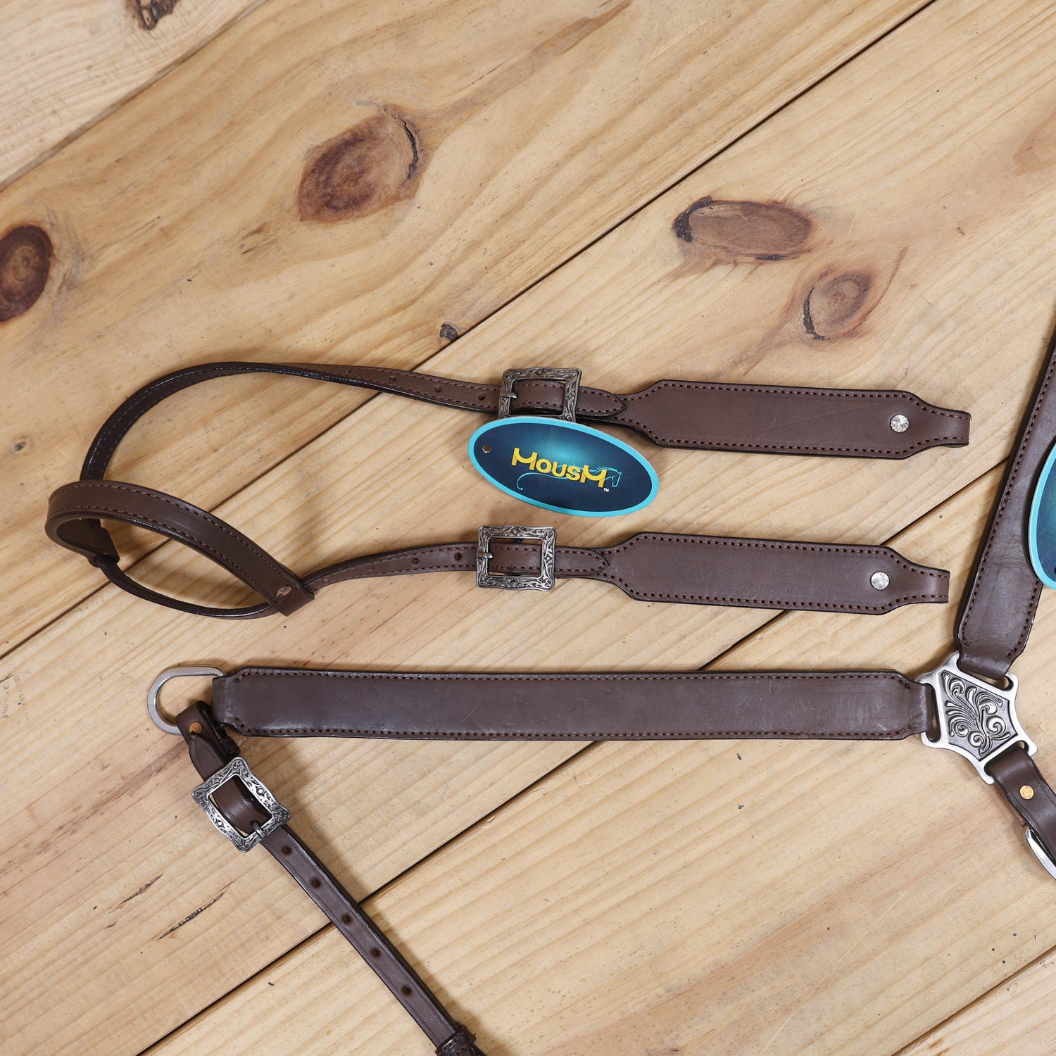 Western Leather Headstall and Breast Collar with Smart Plain Brown Argentina Cowhide, One Ear Design MOUSM