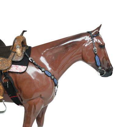 Western One Ear Headstall Set Designed on Black Argentina Cow Leather with Turquoise and Purple Crisscross Braiding with Turquoise Buck Stitching MOUSM
