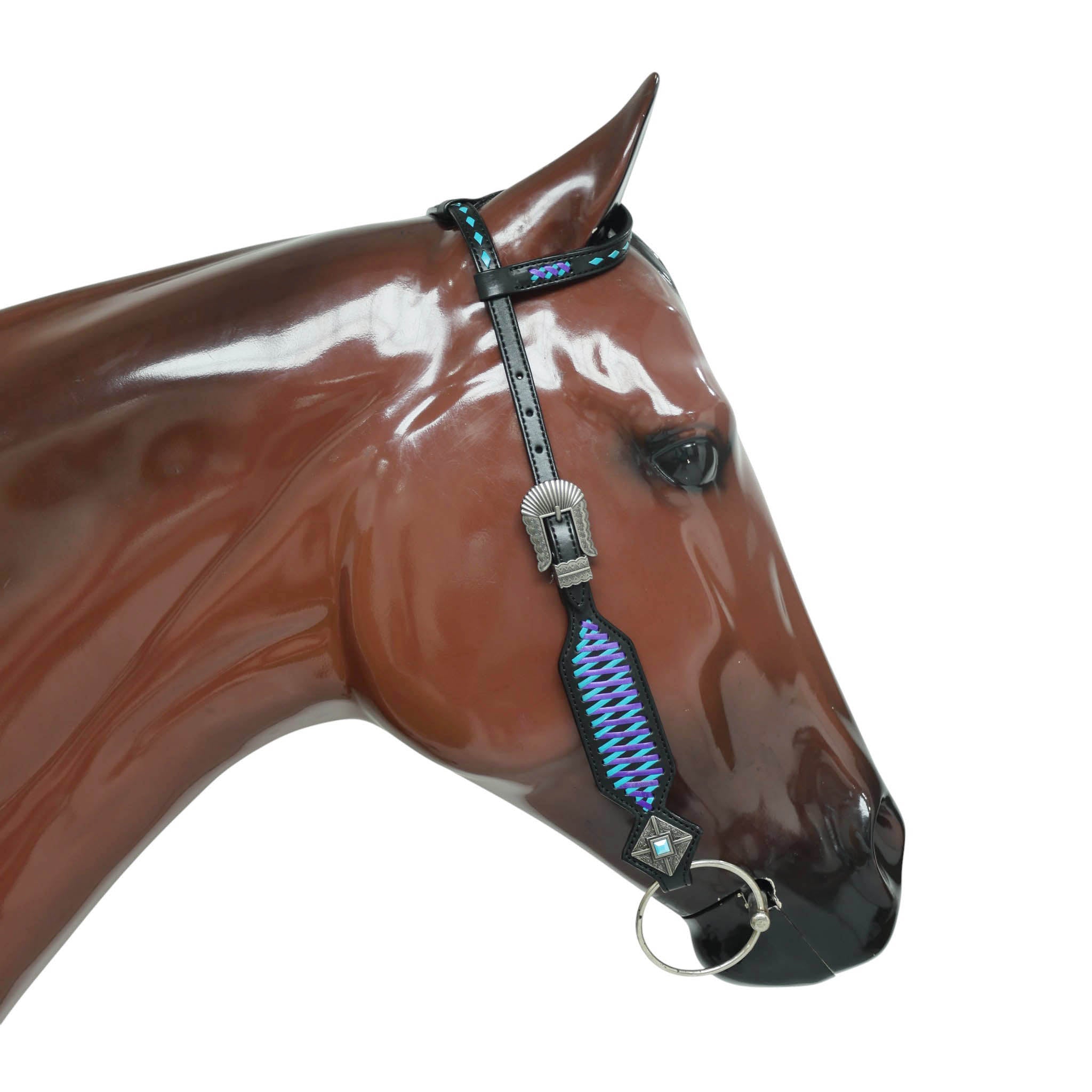 Western One Ear Headstall Set Designed on Black Argentina Cow Leather with Turquoise and Purple Crisscross Braiding with Turquoise Buck Stitching MOUSM
