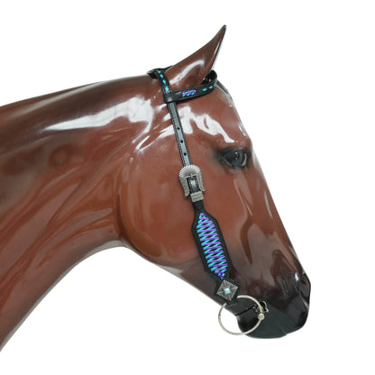 Western One Ear Headstall Set Designed on Black Argentina Cow Leather with Turquoise and Purple Crisscross Braiding with Turquoise Buck Stitching MOUSM