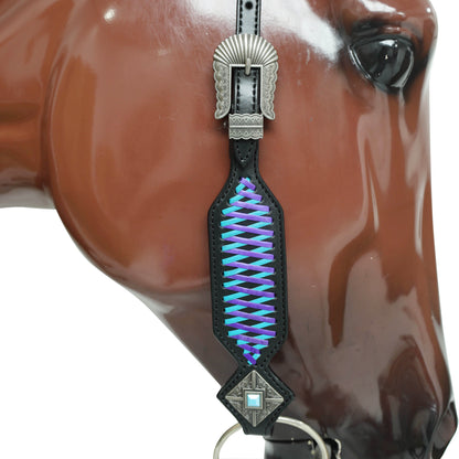 Western One Ear Headstall Set Designed on Black Argentina Cow Leather with Turquoise and Purple Crisscross Braiding with Turquoise Buck Stitching MOUSM