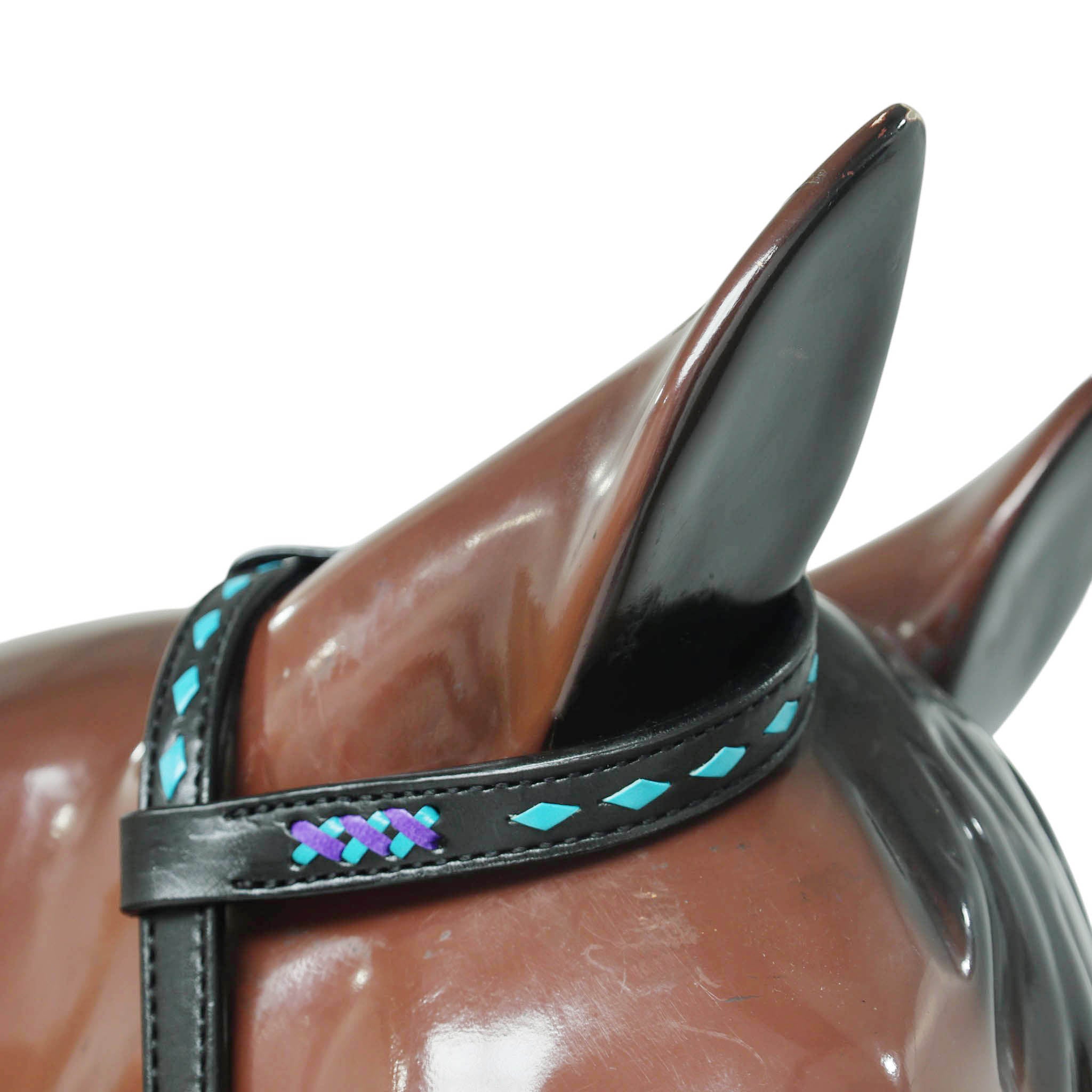 Western One Ear Headstall Set Designed on Black Argentina Cow Leather with Turquoise and Purple Crisscross Braiding with Turquoise Buck Stitching MOUSM