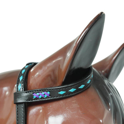 Western One Ear Headstall Set Designed on Black Argentina Cow Leather with Turquoise and Purple Crisscross Braiding with Turquoise Buck Stitching MOUSM