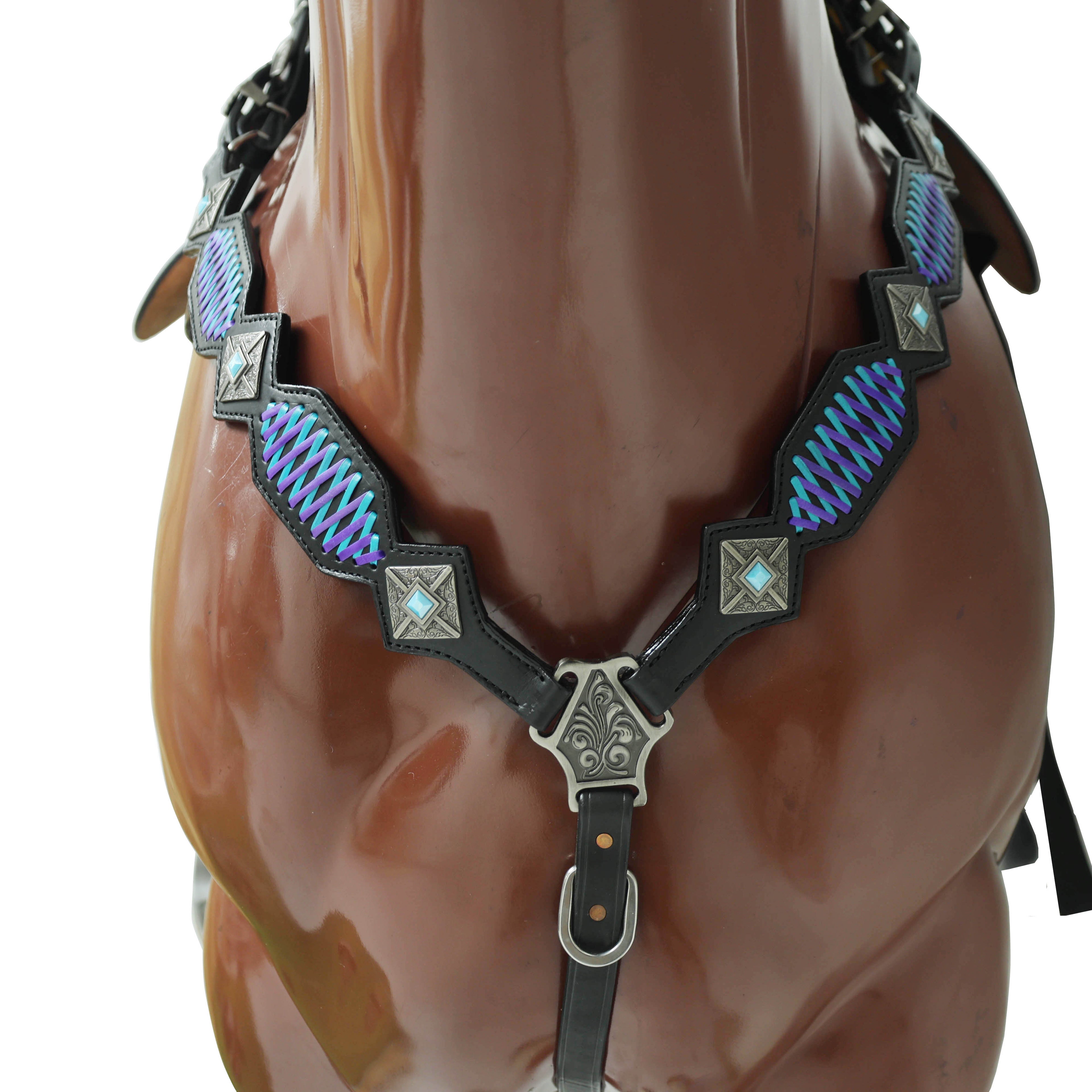 Western One Ear Headstall Set Designed on Black Argentina Cow Leather with Turquoise and Purple Crisscross Braiding with Turquoise Buck Stitching MOUSM
