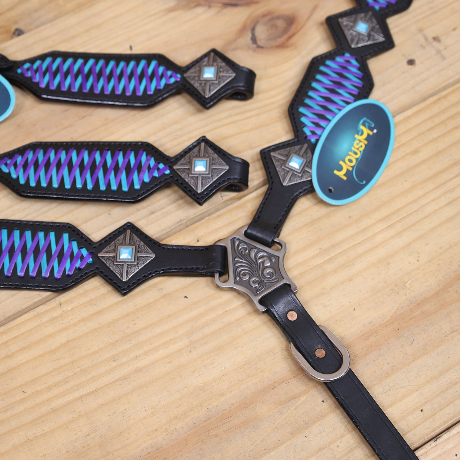 Western One Ear Headstall Set Designed on Black Argentina Cow Leather with Turquoise and Purple Crisscross Braiding with Turquoise Buck Stitching MOUSM