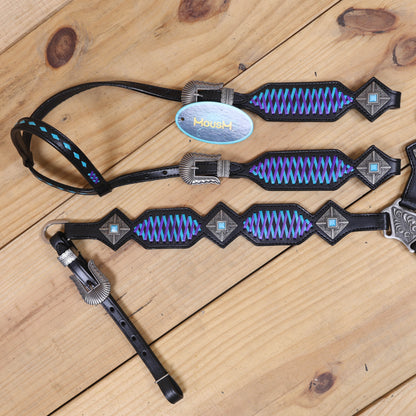 Western One Ear Headstall Set Designed on Black Argentina Cow Leather with Turquoise and Purple Crisscross Braiding with Turquoise Buck Stitching MOUSM