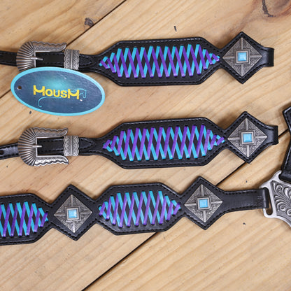 Western One Ear Headstall Set Designed on Black Argentina Cow Leather with Turquoise and Purple Crisscross Braiding with Turquoise Buck Stitching MOUSM