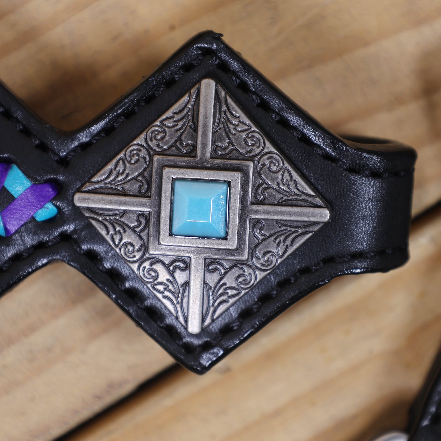 Western One Ear Headstall Set Designed on Black Argentina Cow Leather with Turquoise and Purple Crisscross Braiding with Turquoise Buck Stitching MOUSM