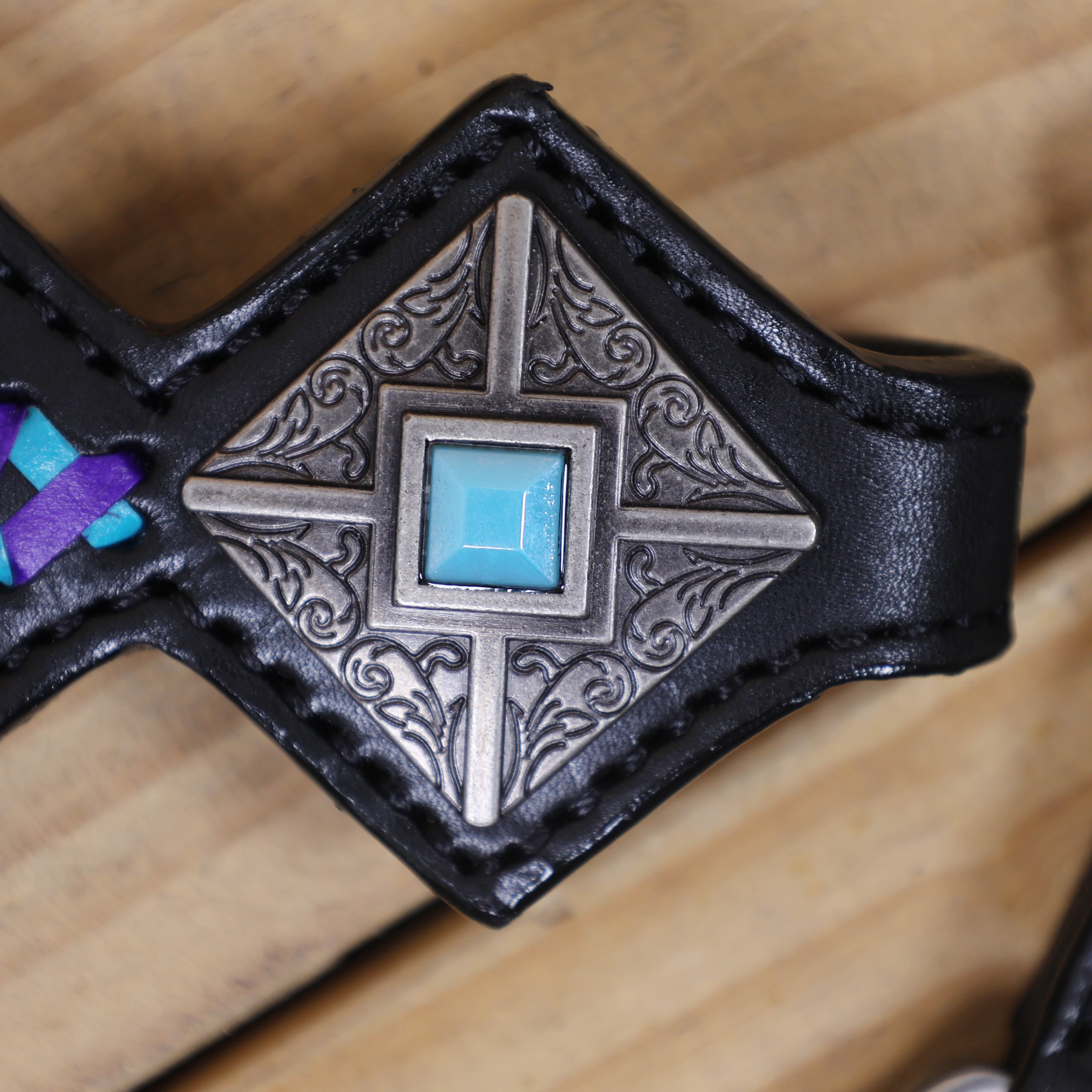 Western One Ear Headstall Set Designed on Black Argentina Cow Leather with Turquoise and Purple Crisscross Braiding with Turquoise Buck Stitching MOUSM