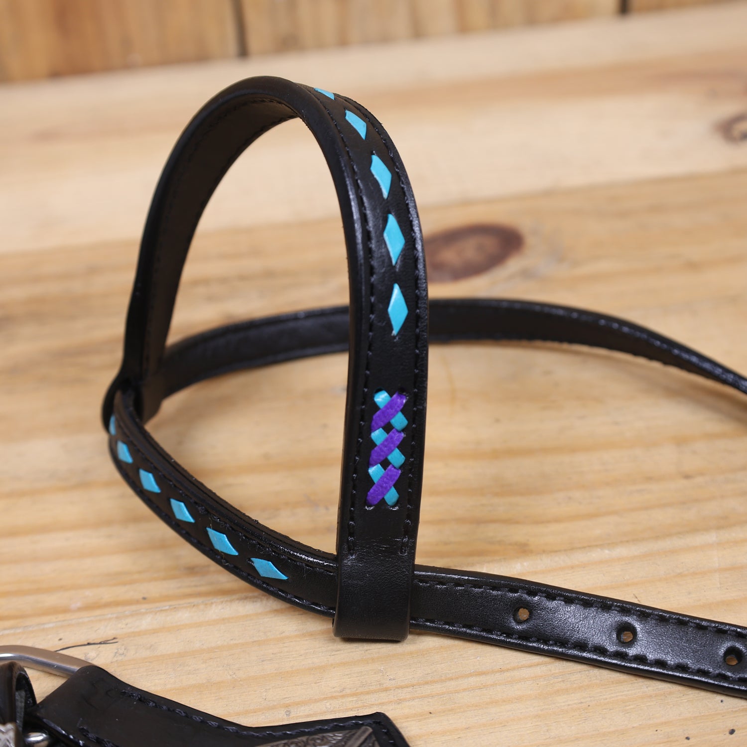 Western One Ear Headstall Set Designed on Black Argentina Cow Leather with Turquoise and Purple Crisscross Braiding with Turquoise Buck Stitching MOUSM